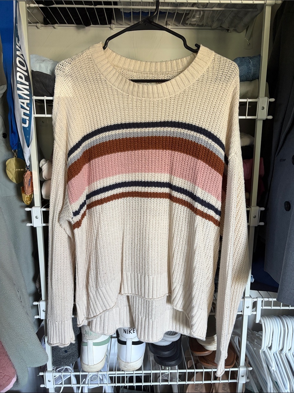 American Eagle Outfitters Cream Ribbed Sweater with Pink, Brown & Navy Stripes